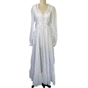 Vintage Gunne Sax Corset Maxi Dress White Calico Floral Lace Cottagecore Size 9